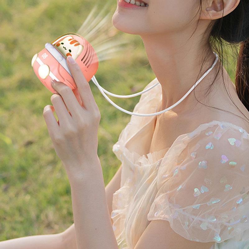 Neck Hanging Fan USB Handheld Rechargeable Cartoon Cute Lovely Animal 3 Gear Electric Small Fan Pink