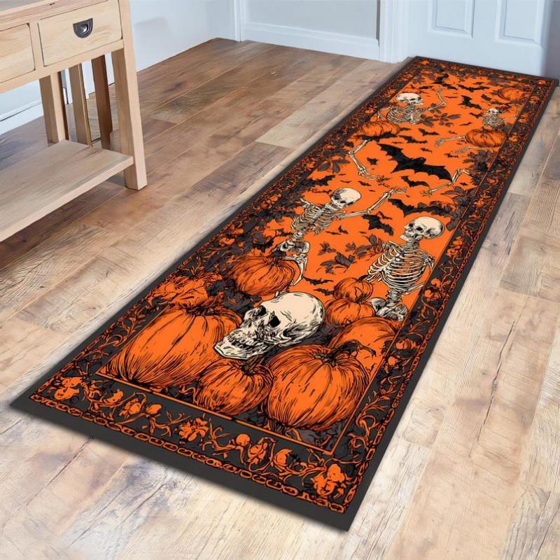 Vintage Orange Halloween Long Runner Mat Skeleton Pumpkin Bat Print Non Slip Washable Farmhouse Kitchen Hallway Decor Rug