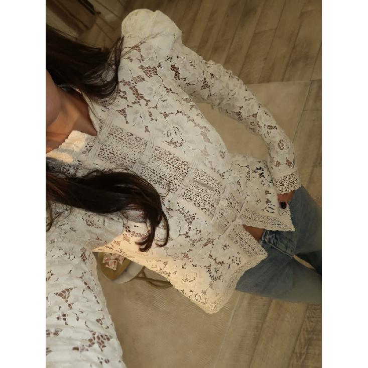 Nová krajková háčkovaná květinová dámská košile Módní dojíždění Dlouhý rukáv Kardigan Top Retro Slim Stojáček Dámské halenky