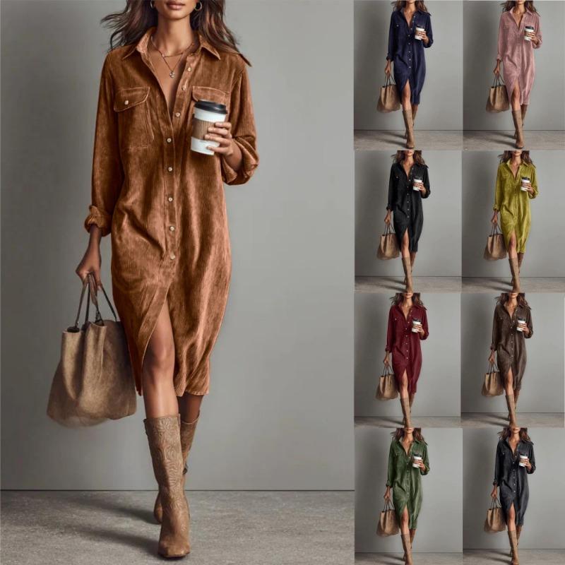 Rochie cămașă lungă, lejeră, din catifea reiată, cu guler răsucit, cu mâneci lungi, pentru femei