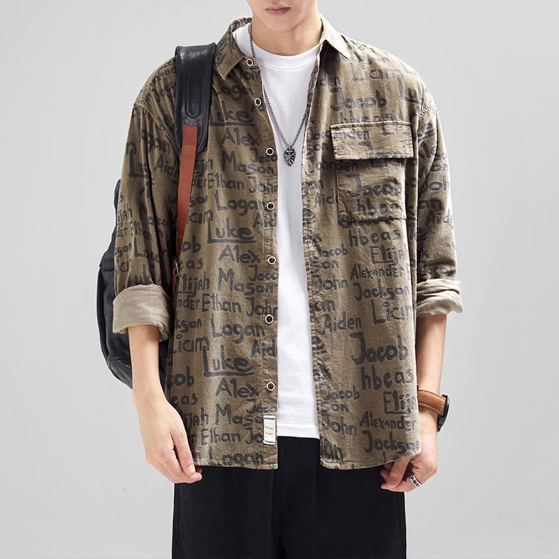 Vintage Printed Cargo Pocket Long Sleeve Shirt for Men, Spring and Autumn, Plus Size, Casual Loose Fit, Full Letter Print Shirt Jacket Trend
