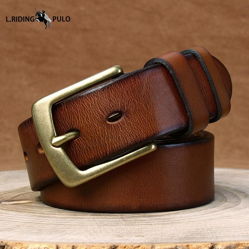 Men's Genuine Leather Belt with Pin Buckle, Retro Pure Copper, Simple and Versatile Jeans Belt
