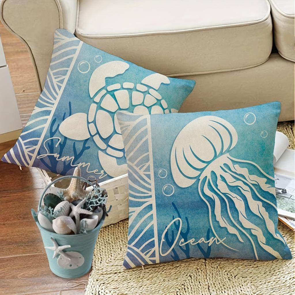 Blue Ocean Pillowcase With Turtle Shell And Scallopssuitable For Sofa Car Bedroom Decorative Cushion Cover Pillow Cover