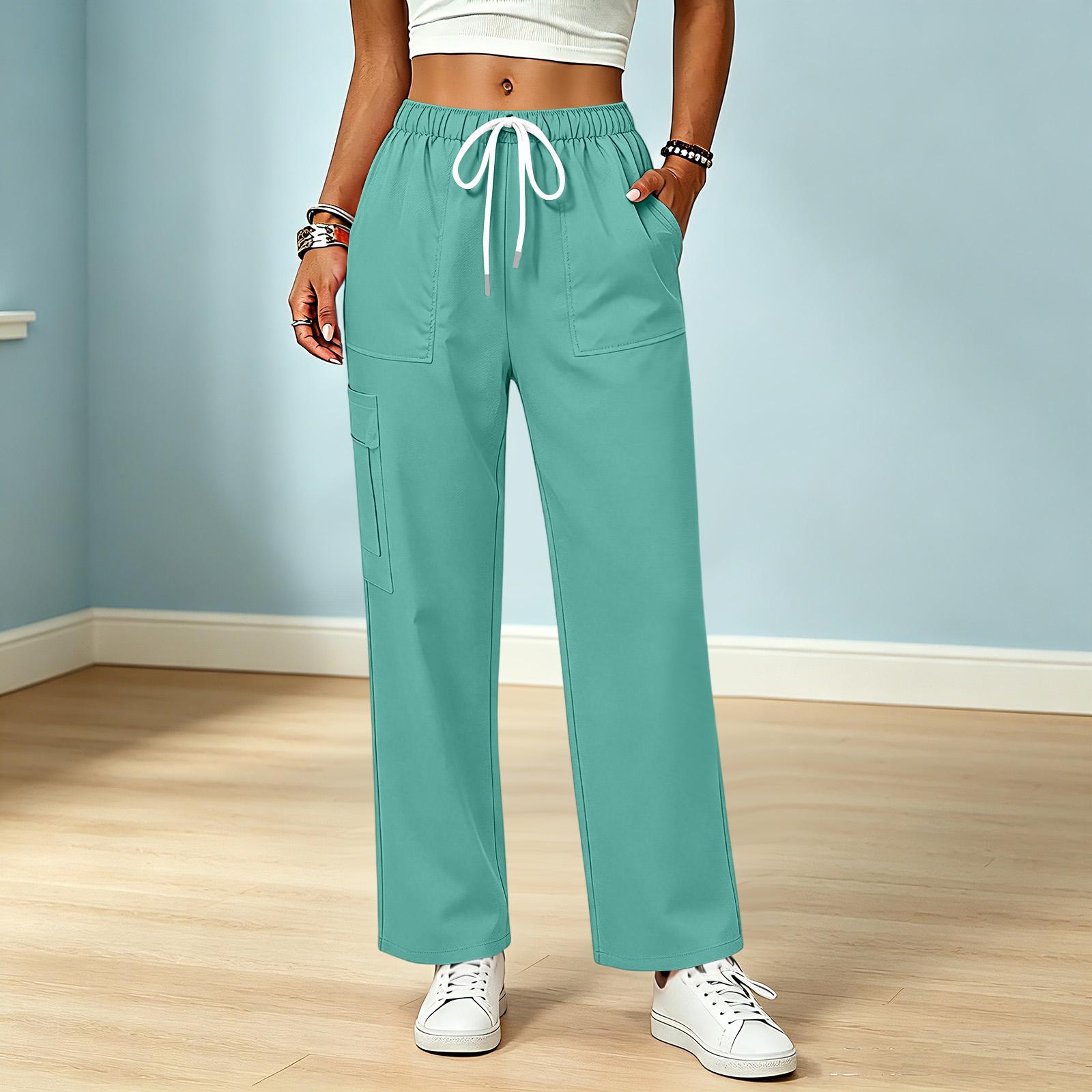 Women s Casual Color Drawstring Elastic Waist Pants with Pockets S