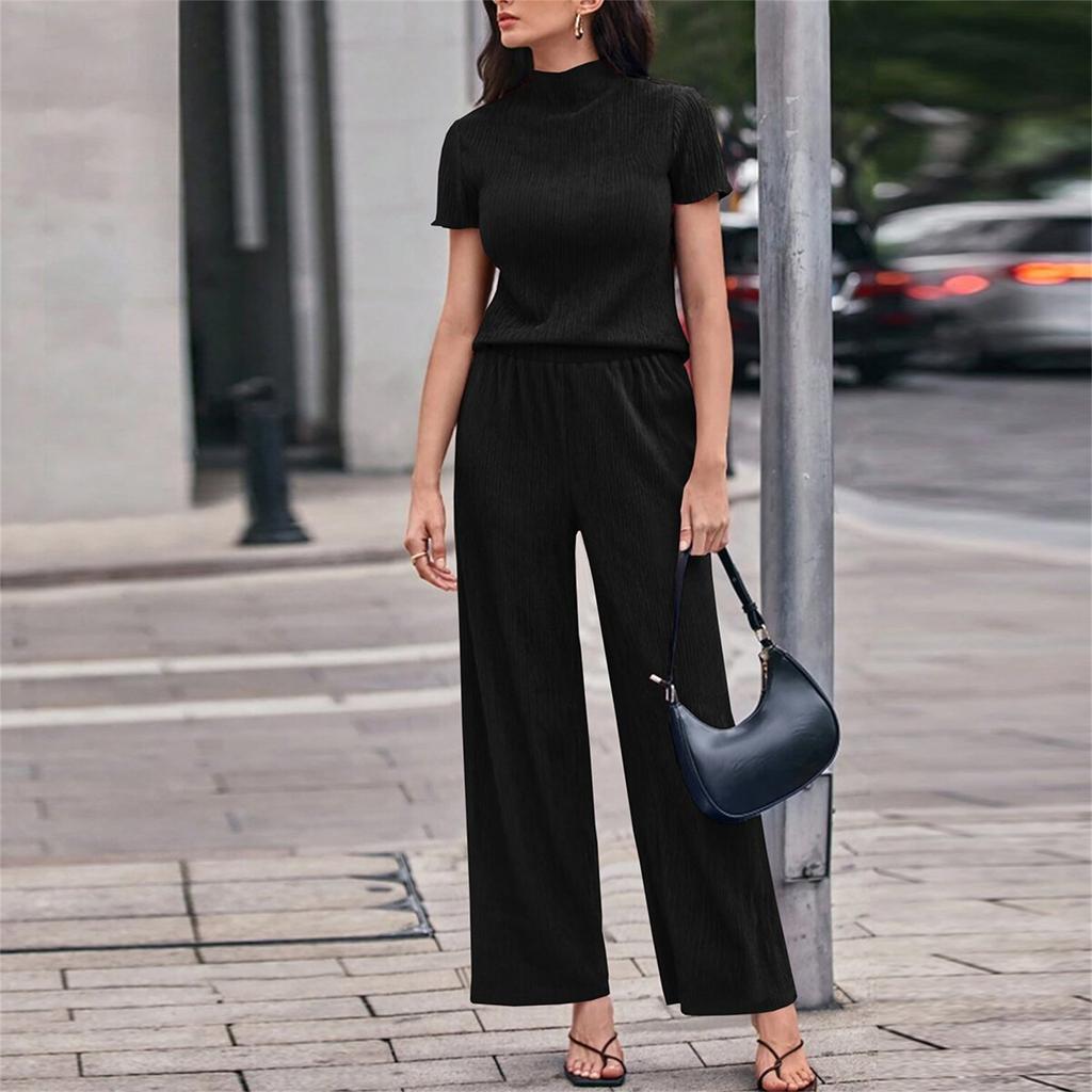 Women's 2-Piece Fashion Casual Short-Sleeve Turtleneck Loose Top + Wide-Leg Pants Loungewear Set