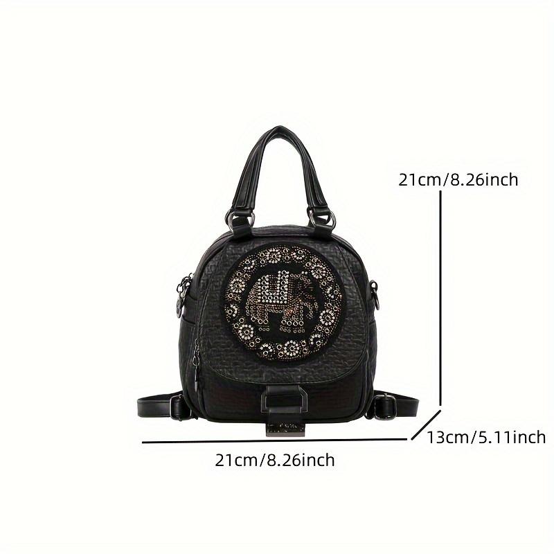 Black PU Leather Backpack, Women's Fashionable Vintage Small Handbag With Convertible Shoulder Straps, Rhinestone Elephant Daypack Purse