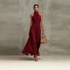 Halter Neck Solid Chiffon Ruched Waist Pleated Flowy Long Gown Sheer Split Hem Elegant Slim Fit Beach Vacation Wedding Guest Formal Evening Sundress