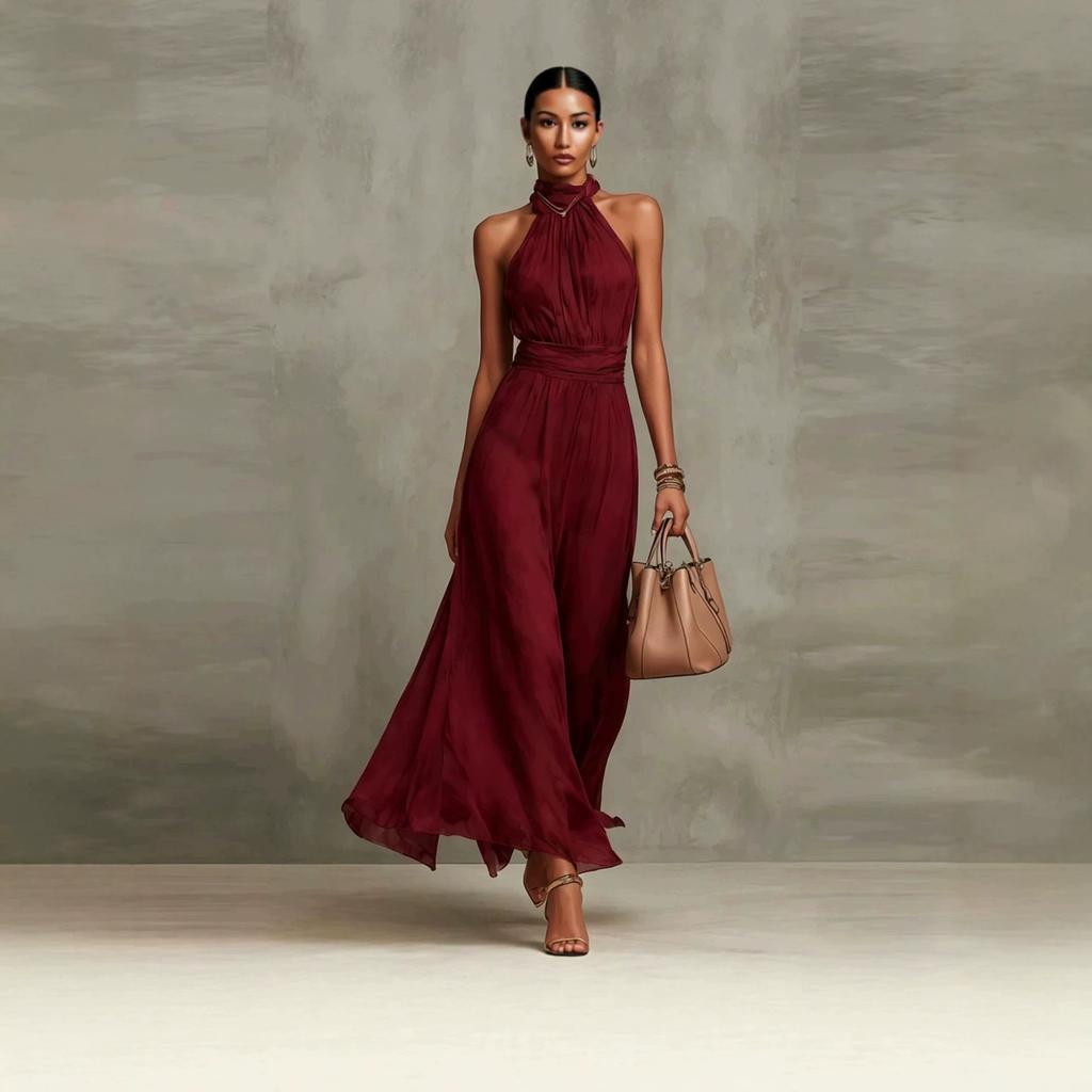 Halter Neck Solid Chiffon Ruched Waist Pleated Flowy Long Gown Sheer Split Hem Elegant Slim Fit Beach Vacation Wedding Guest Formal Evening Sundress