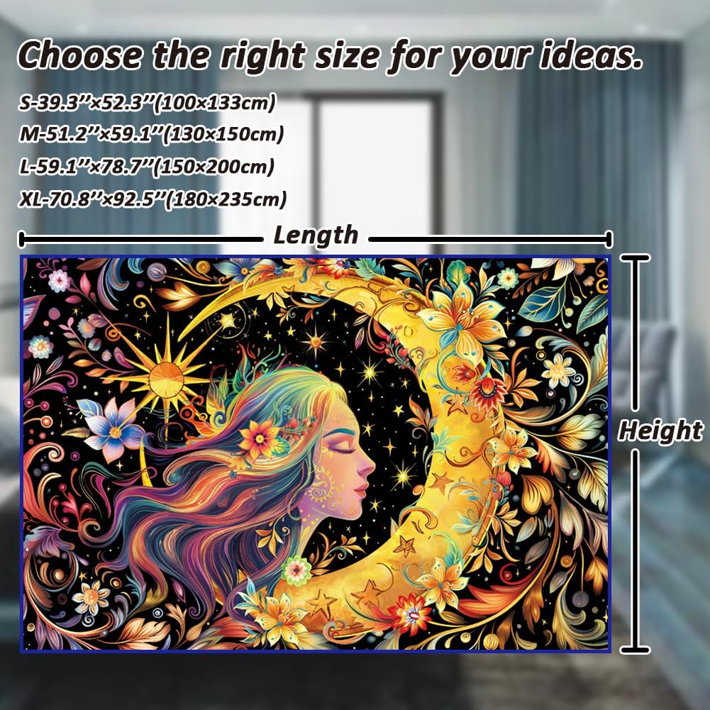 Serborlur Blacklight Sun and Moon Tapestry UV Reactive Psychedelic Floral Tapestries Galaxy Space Tapestry Hippie Boho Mandala Wall Hanging Flower