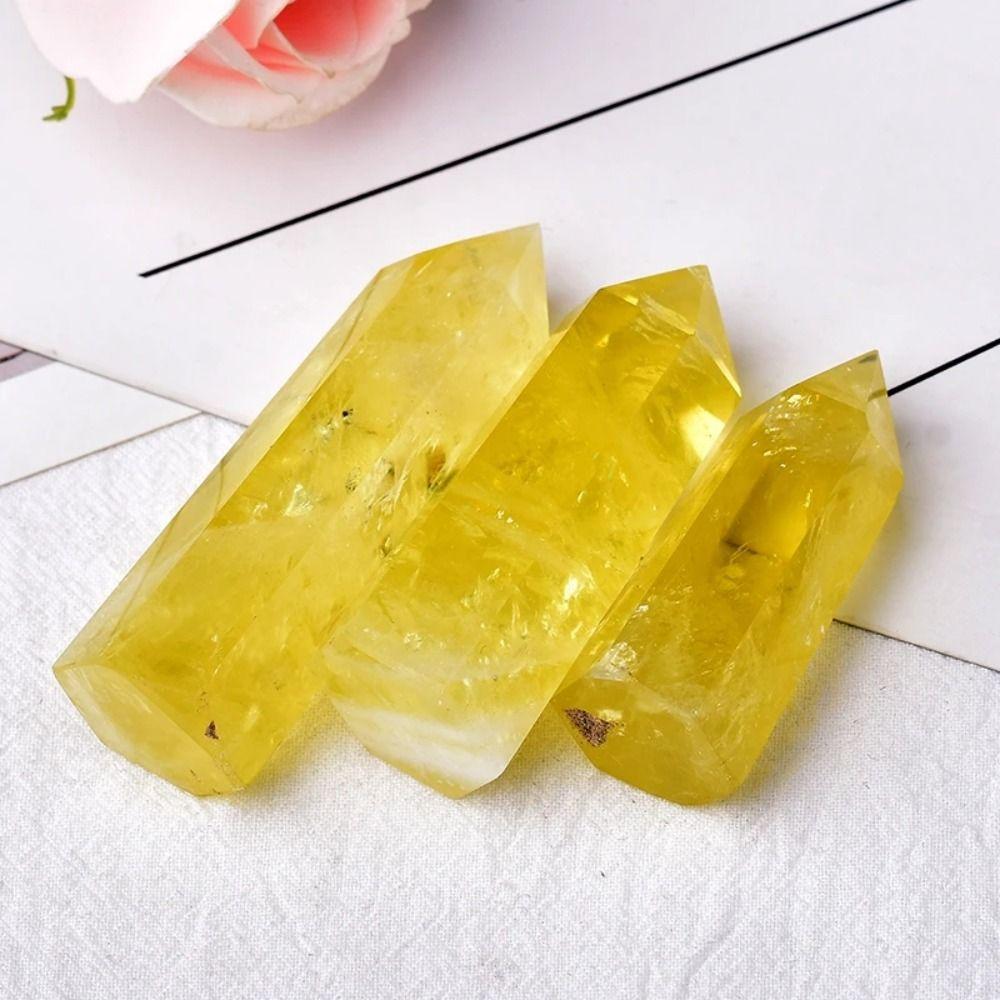 Beautiful Natural Crystal Unique Hexagonal Wand Column Home Decor Yellow Gem Office