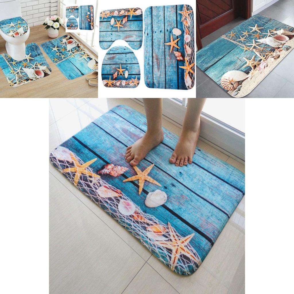 Luxurious 3pcs Beach Nonslip Bathroom Toilet Seat Cover Pedestal Rug Bath Mat Carpet Set