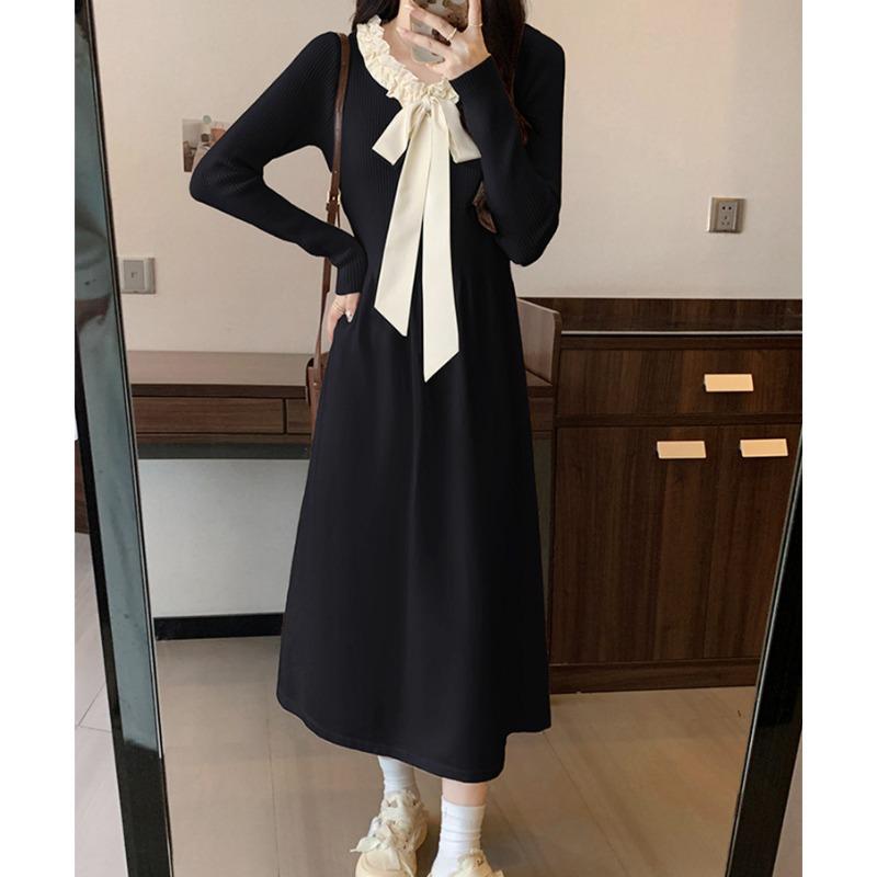 V-neck Bow Sweater Skirt Autumn and Winter New Red Gentle and Thin A-shaped Long Knitted Dress