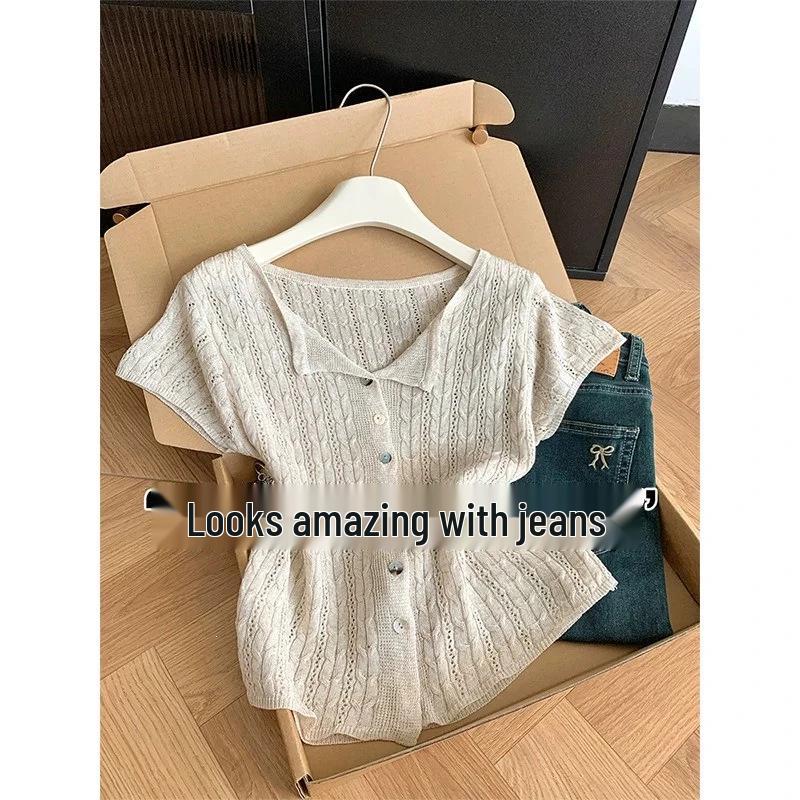 Women's Summer Knit Short Sleeve Hollow Button Top