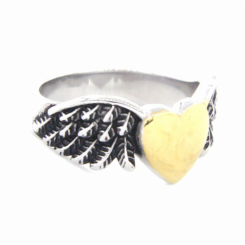 Lady Gilrs Heart Ring Stainless Steel Retro Punk Biker Golden Silver Black Color Angel Wings Love Heart Ring Size 5-12