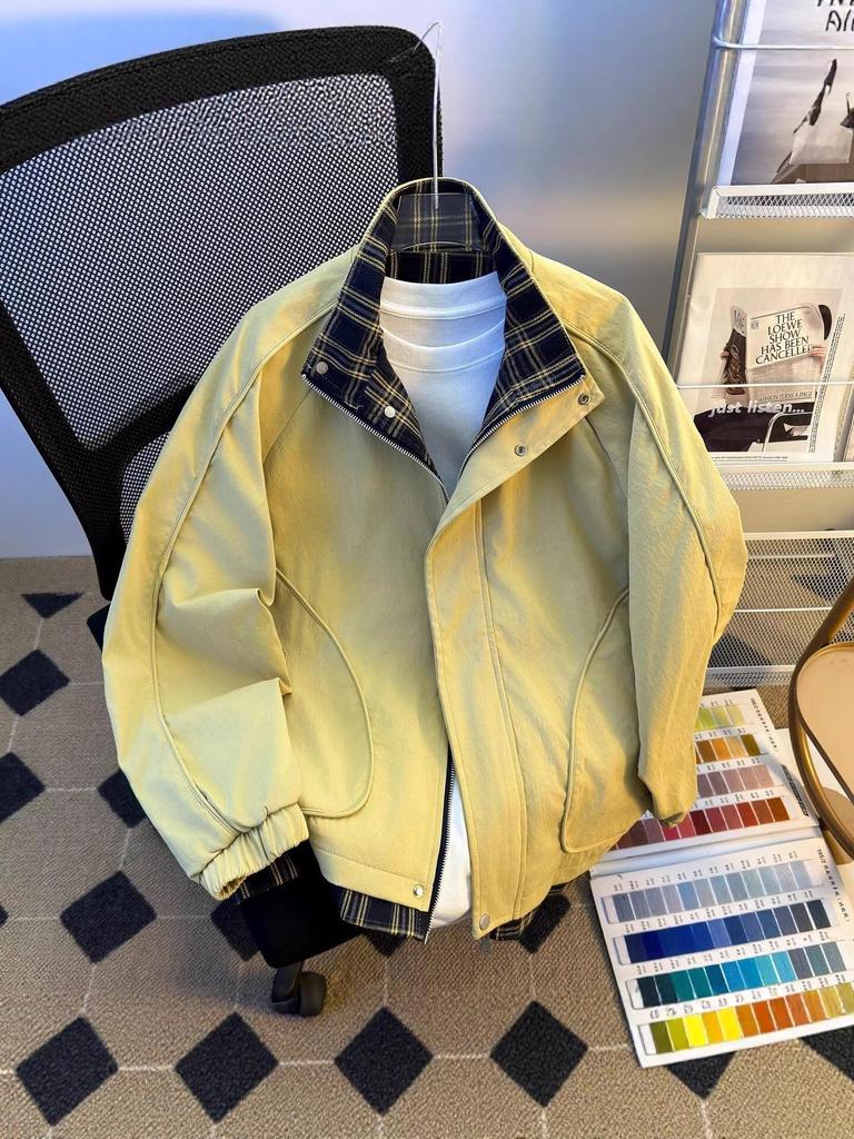 Men's 2025 Spring/Autumn Plaid Two-Piece Color Block Stand Collar Jacket - College Style Versatile Outerwear