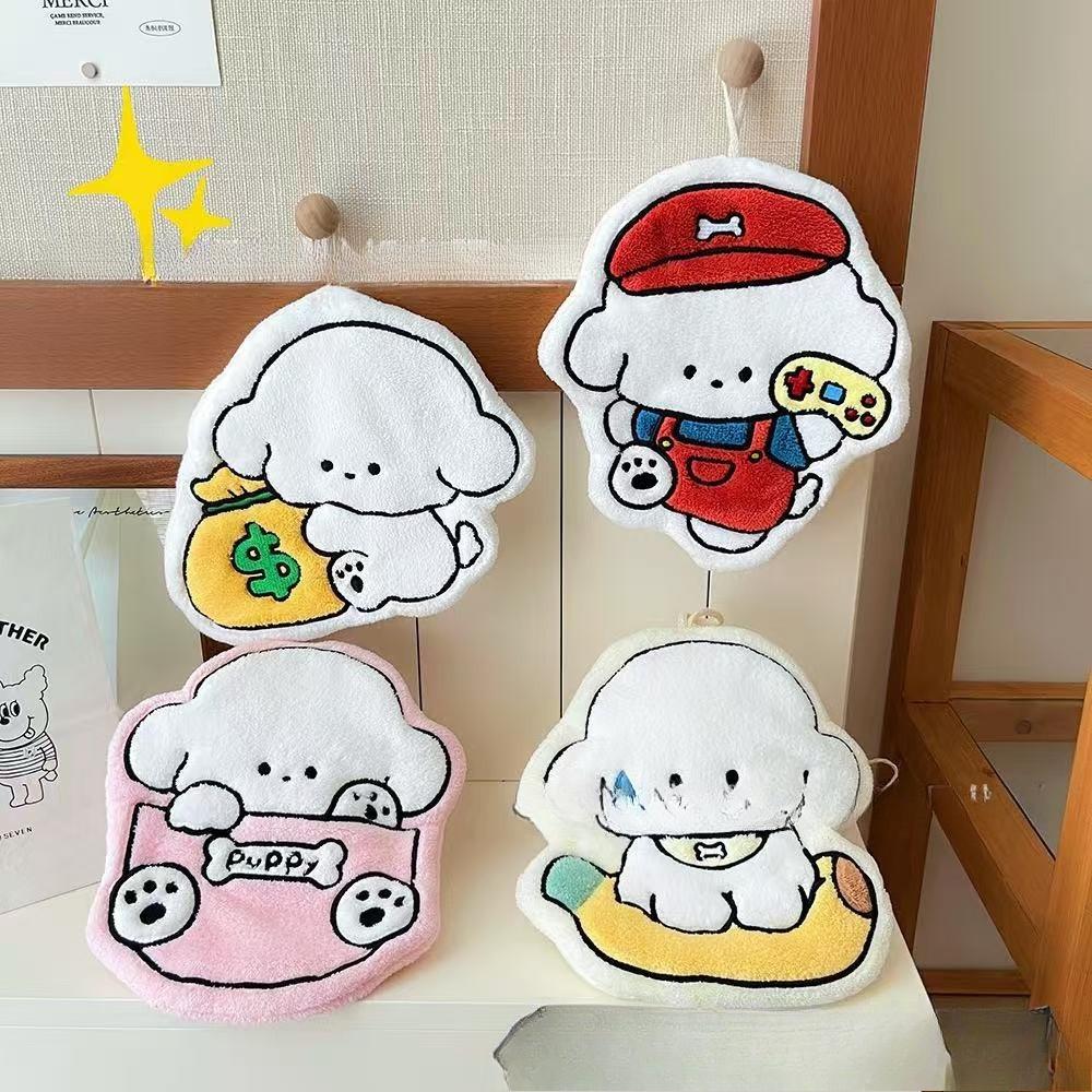 Cute Cartoon Dog Wall-hanging Thick and Super Absorbent Hand Towel Made of Coral Fleece, Small Square Towel for Kitchen and Bathroom