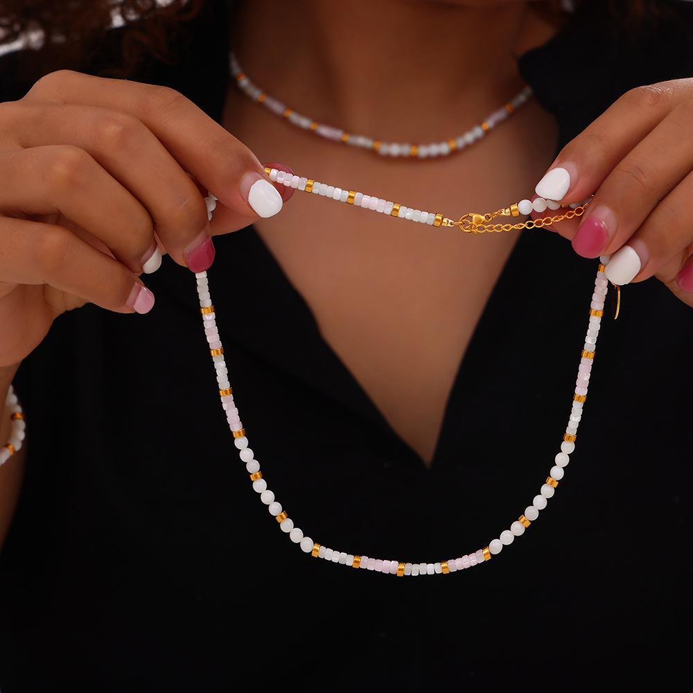 French Elegance Mother-of-Pearl Bead Titanium Steel Necklace & Bracelet Set – Women's Versatile Niche Design Jewelry, INS Style
