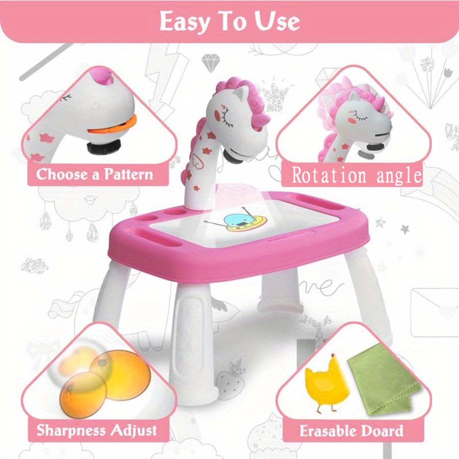 Children's projection painting table, pony shape, graffiti drawing board, electric with music, wipeable drawing board, baby earl