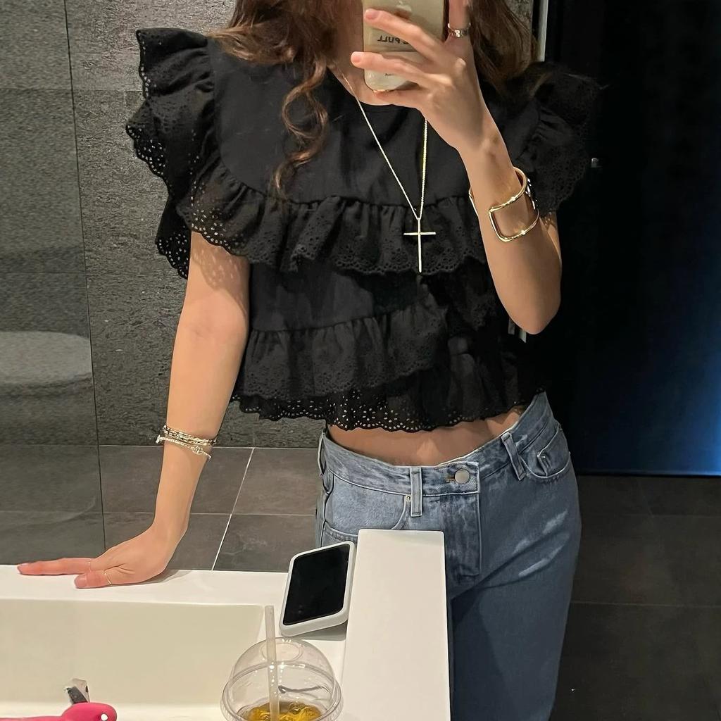 Warehousing, Korea's new summer sweet lace irregular ruffle shirt