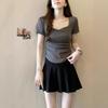 Women's Square Neck Short Sleeve T Shirt Solid Slim Fit Tee Summer Casual Streetwear Top