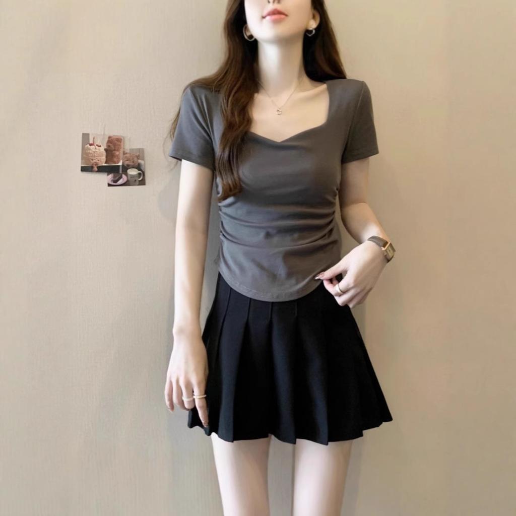 Women's Square Neck Short Sleeve T Shirt Solid Slim Fit Tee Summer Casual Streetwear Top