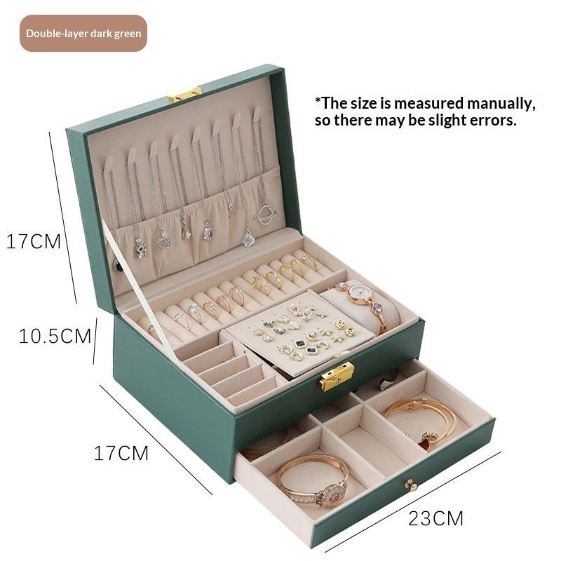 2-Drawer Jewelry Box Large Capacity Jewelry Storage Box with Lock Diamond Pattern Ring Jewelry Gift Box Accessories Packaging Box PU Leather Material