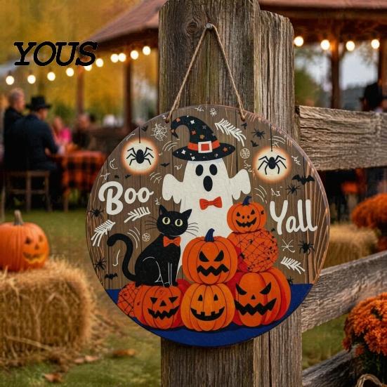 Seasonal Window Display Sign Halloween Boo Wood Door Hanger with Cute Ghost Black Hat Pumpkin Print, Front Creative Holiday Party Decor Porch