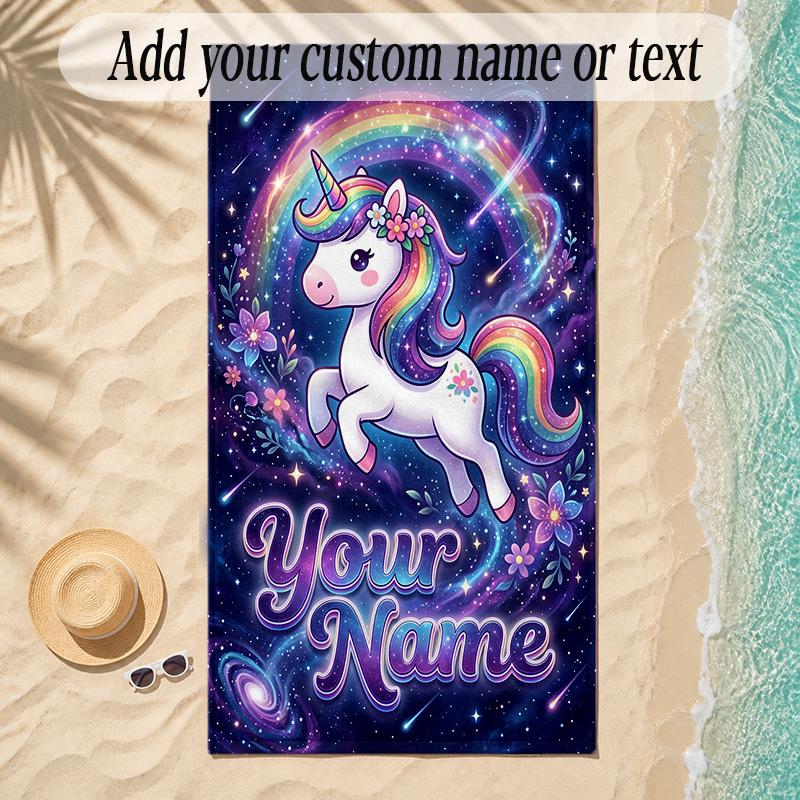 Unicorn Theme Soft Beach Towel Personalized Custom Name Text Towel Portable for Beach Pool Travel