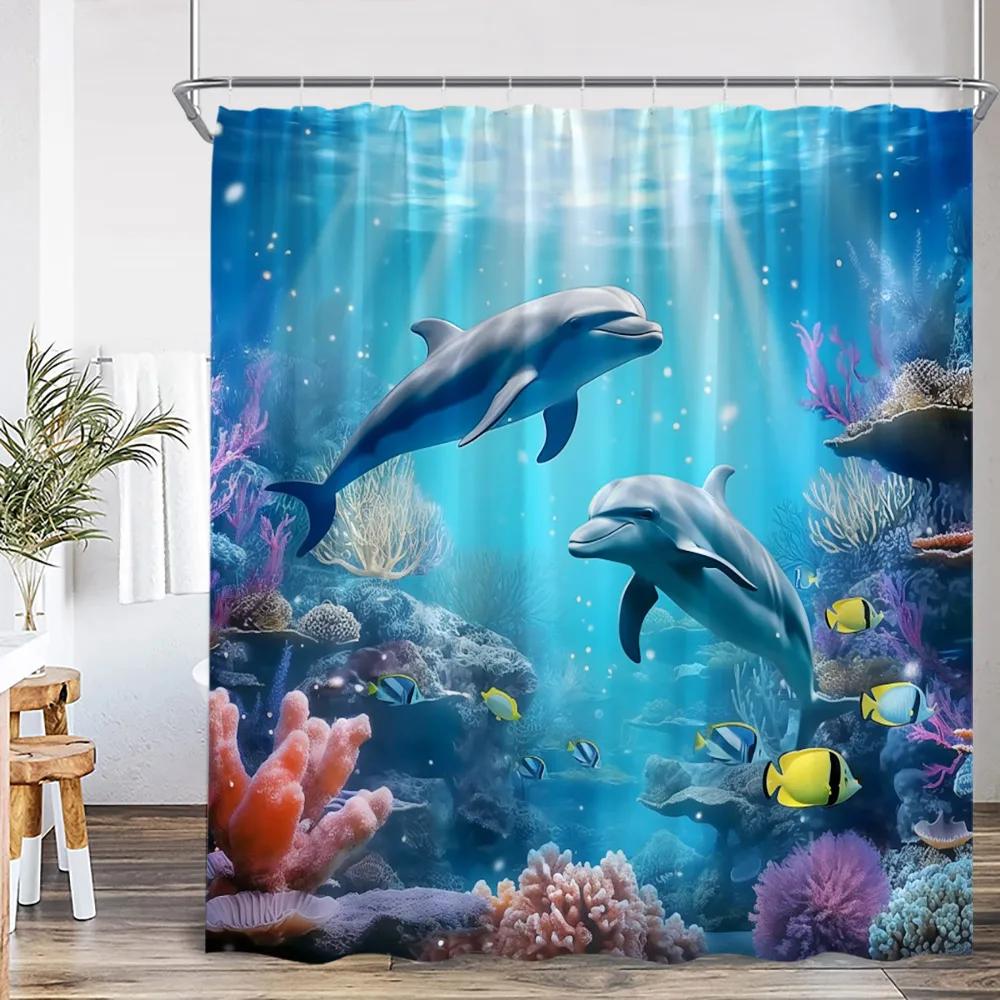 Sea Animals Shower Curtain 3D Dolphin Turtle Octopus Jellyfish Undersea World Bathroom Decoration Kids Polyester Bathtub Curtain