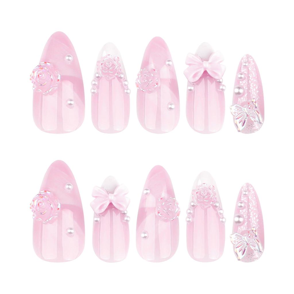 24 Pcs White French Tip Press On Nail Almond Shape Acrylic Nail Flowers Full Cover Stick On Nail 3D Bows False Nail