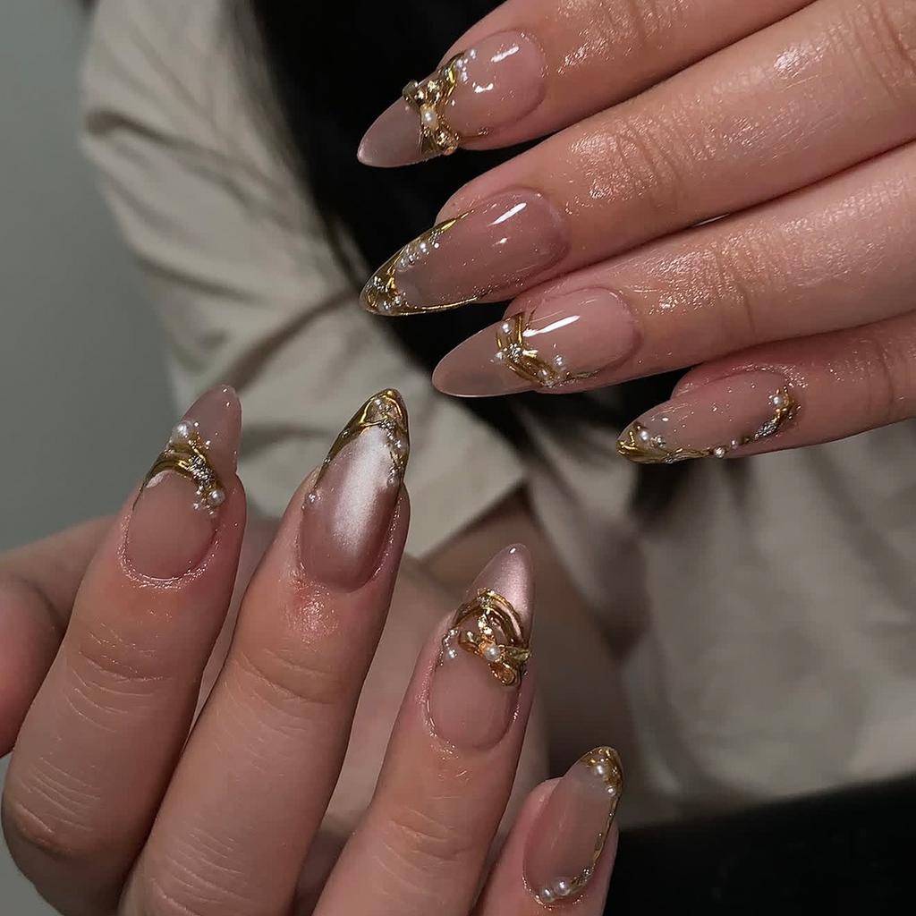 24Pcs Almond Pure Handmade Press On Nails Full Cover Butterfly French Pearl Diamond False Nails Wearable Manicure Nail Tips Art