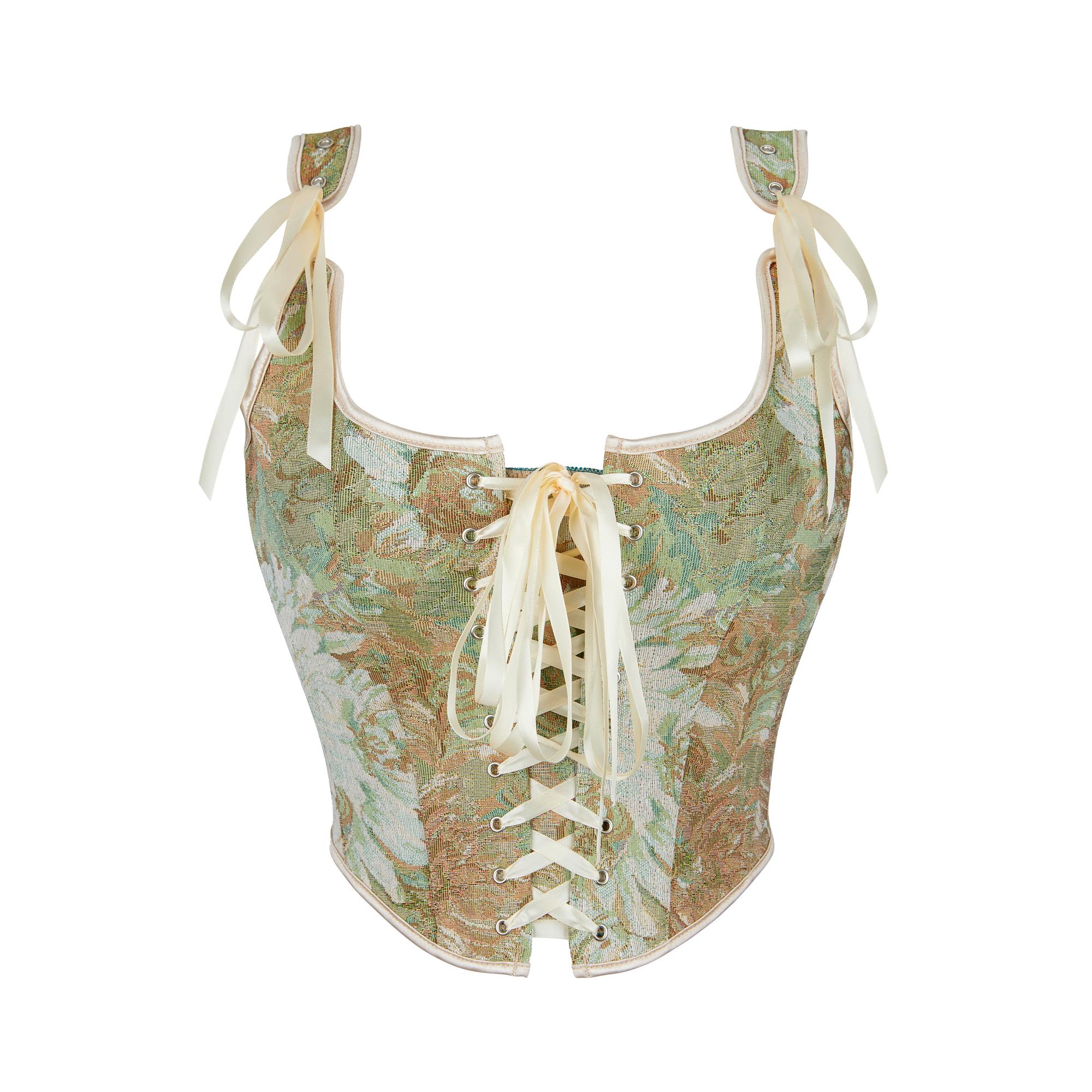 Floral Jacquard Corset Top with Ribbon Ties Lace-Up Back Renaissance Bustier Tank Top for Women S зелёный