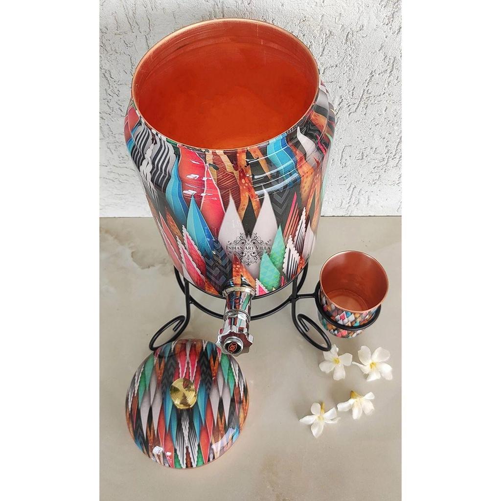 Reiner Kupfer Bunte Spikes Gedrucktes Design Wasserkrug Schwere Ausführung mit Messinghahn & Kupferglas & Ständer, Aufbewahrung & Servieren von Wasser, Volumen- 5 Liter