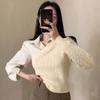 Pullover Korean Chic Autumn Niche Design Lapel Splicing Shirt Fake Two Fried Dough Twists Pattern Knitted Sweater Women