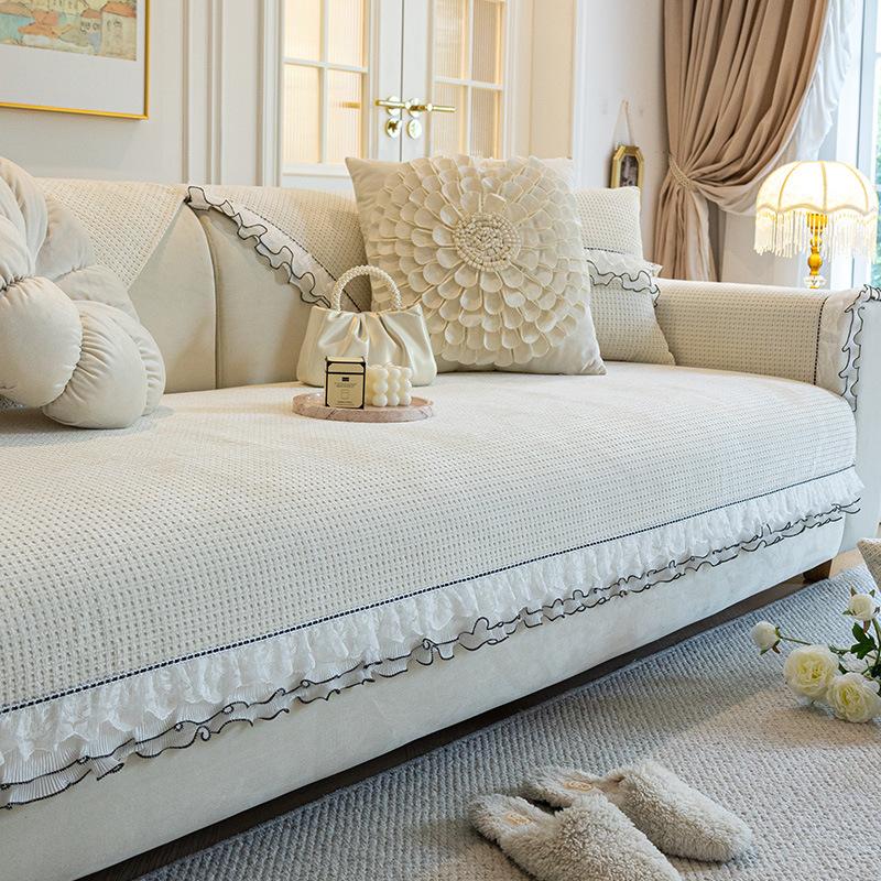 Nový žinylkový krajkový okrajový potah na pohovku Čtyřsezónní univerzální polštář na gauč Francouzský retro potah na pohovku ve tvaru L Protiskluzová podložka na gauč