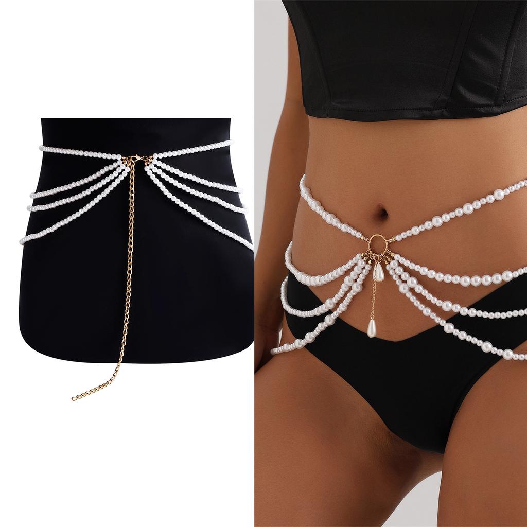 Blingbling Waist Belt Stylish Multilayer Pearls Waist Chain Belt Elaborate Chain Belly Chain for Belly Dance Waist Chain