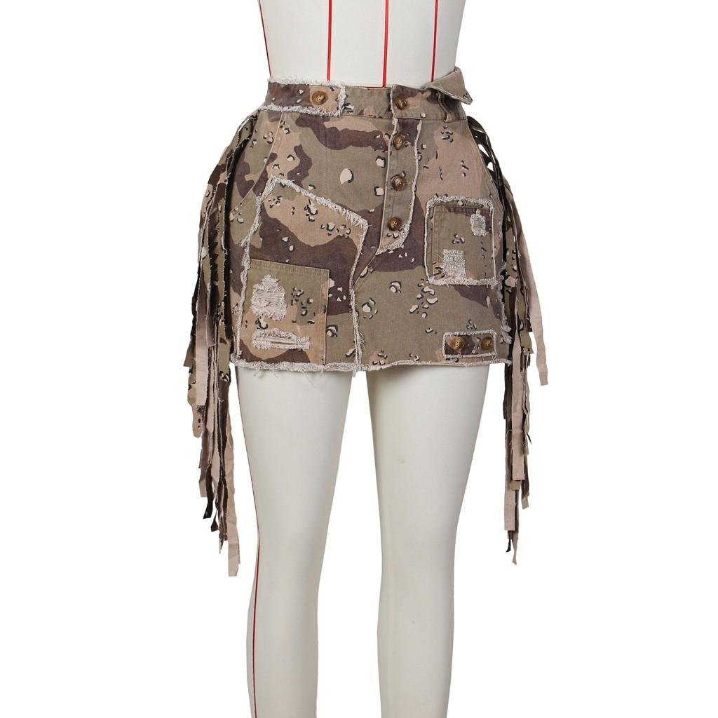 Falda Corta Para Mujer Verano Camuflaje Flecos Tela Vaquera Corte Ajustado Moda