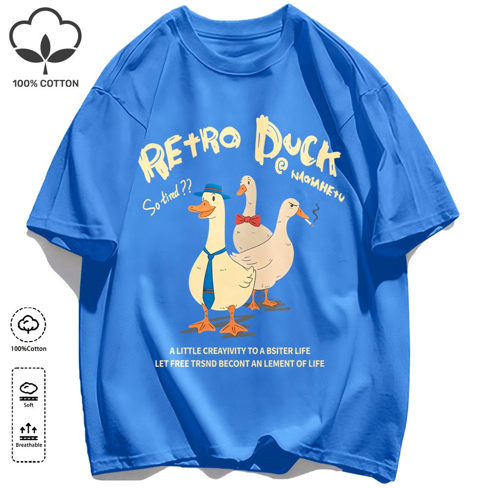 Retro Duck Doesn'T Feel Tired Design T Shirts Unisex Cotton Basics T-Shirt Soft Summer Fashion Tee Unisex O-Neck Loose Retro Top