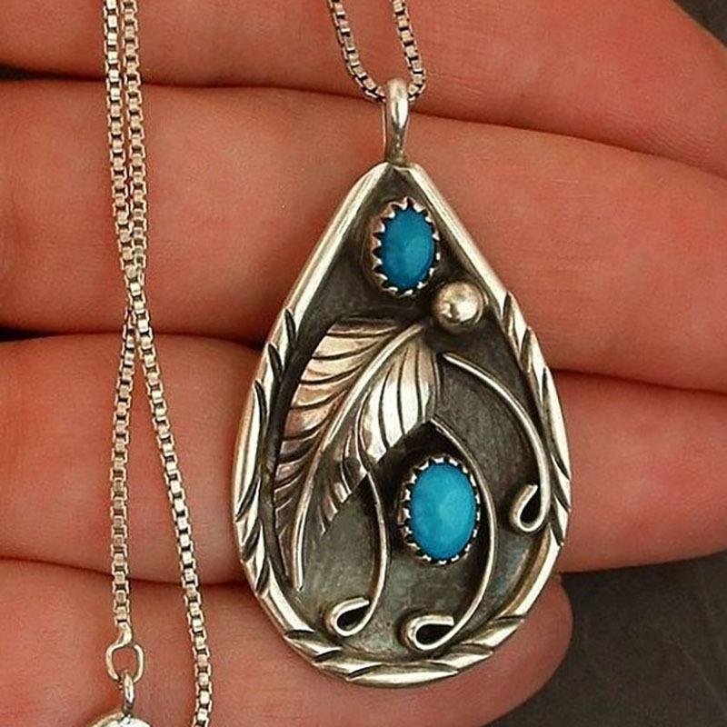 1Pc Stylish, Inlaid with Blue Synthetic Zircon, Retro Water Drop Necklace