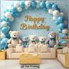 2D Cute Teddy Bear Backdrop, "Happy Birthday" Blue Balloons Party Background