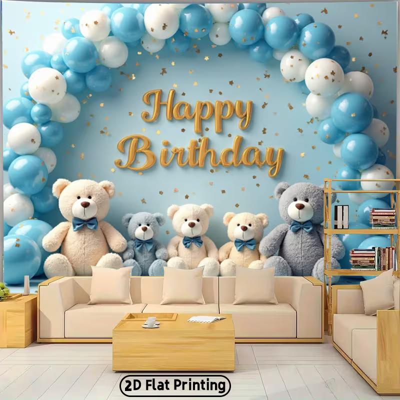 2D Cute Teddy Bear Backdrop, "Happy Birthday" Blue Balloons Party Background