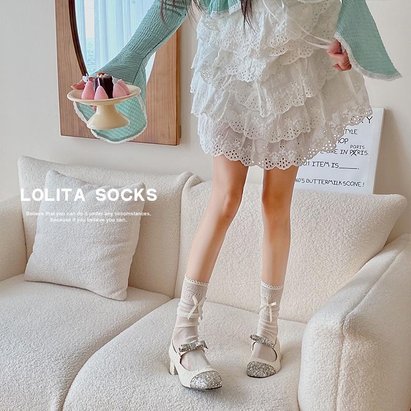 Spring and Summer Thin Black Pure Desire Style Calf Socks, Bow Lolita Long Tube Trendy Pile Up To Knee