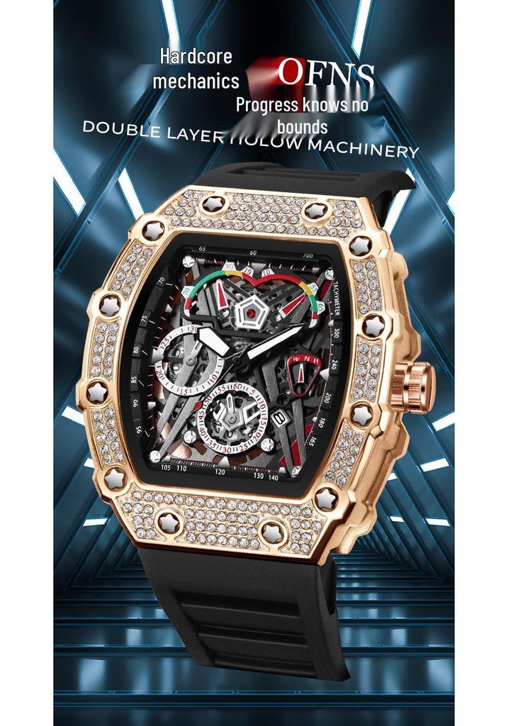 Oufannishi Barrel-Shaped Quartz Waterproof Skeleton Men's Watch with Calendar and Luminous Features