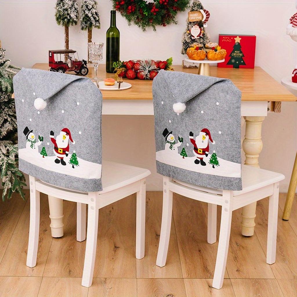 Christmas Gray Printed Chair Covers With Santa And Snowman Designs, Non-Woven Fabric Chair Slipcovers With Adorable Pom-Pom For Holiday Home Decor
