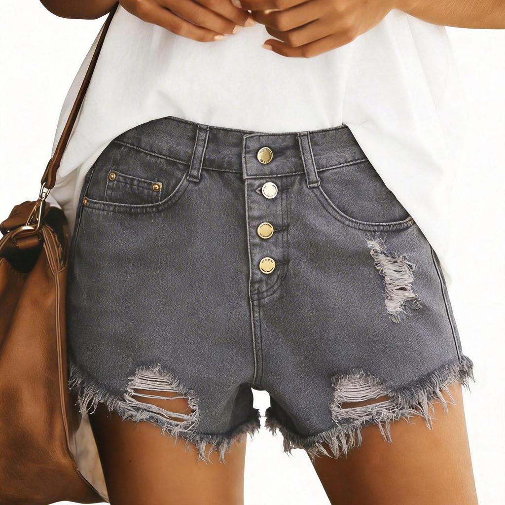 Shorts vaqueros de cintura alta para mujer, rotos, con dobladillo deshilachado, cierre de botón, rasgados, informales, de moda, vaqueros con bolsillos