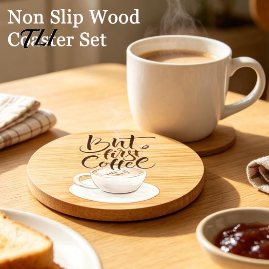 Reusable Wooden Table Coasters 6Pcs Wood for Drinks, Heat Resistant Drink Mat, Anti-slip Round Drinks Mats Dining Room, Coffee And Office Desktop