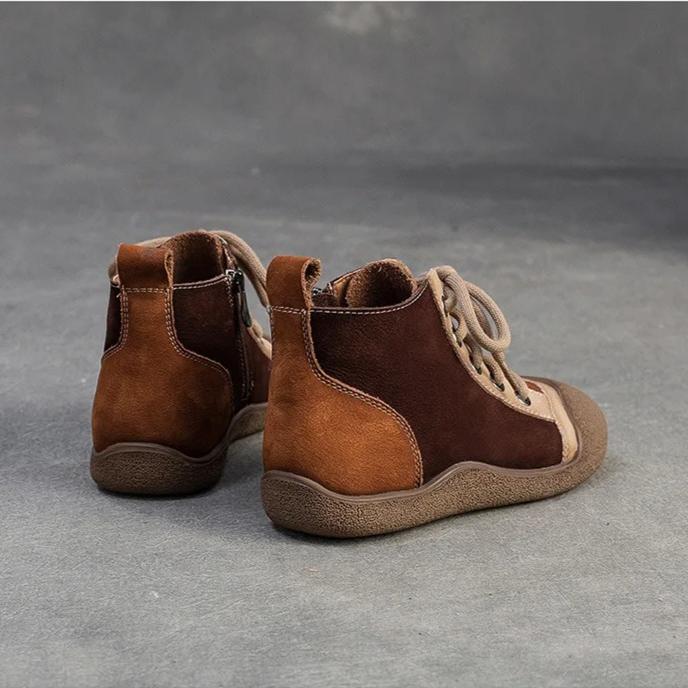 Johnature Mixed Color Genuine Leather Lightweight Comfortable Ankle Boots Retro Versatile Warm Women's Shoes