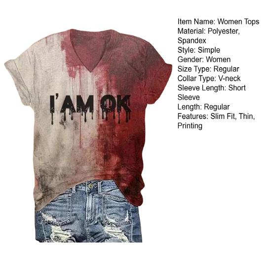 Halloween Blood Shirt Digital Print Blood Stains Text Tee Shirt Women V-neck Tops Casual Wear Funny Horror Clothes