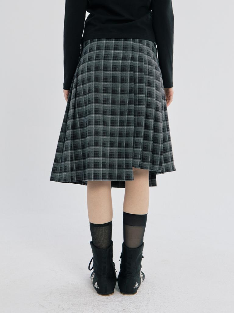 Opish Layered Check Pleats Wrap Skirt, Black