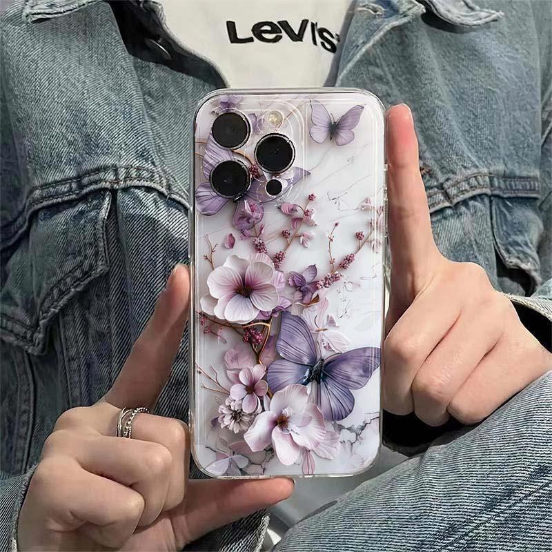 Creative Butterfly Flower Pattern Phone Case For iPhone 11 12 13 14 15 16 17 Pro Max XS X XR 7 8 Plus 16e Transparent Soft Cover